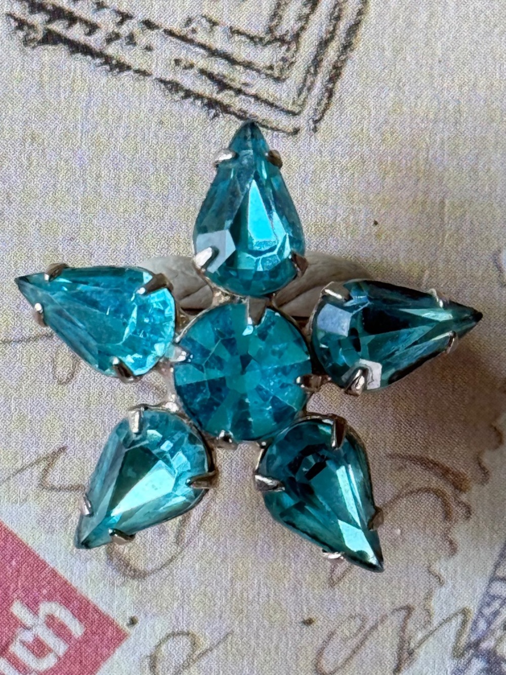 VINTAGE Aqua Star or Flower Rhinestone Brooch MCM